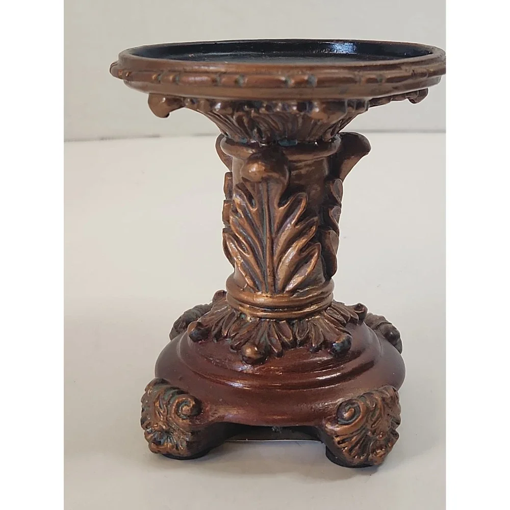 Vtg '03 Goldtone Baroque Pillar Candle Holder Pedestals Staggered Set of 2 Resin